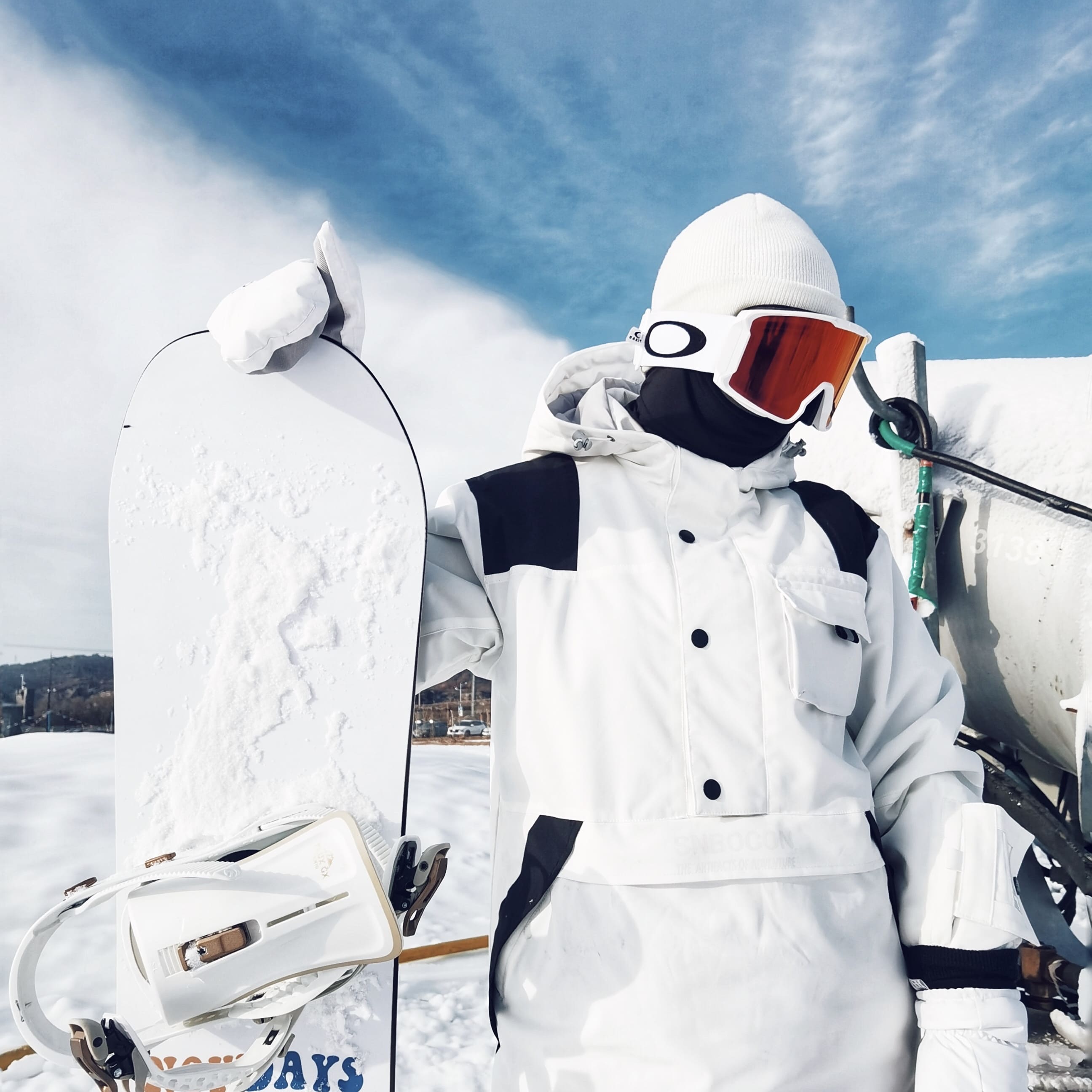 All white store snowboard outfit